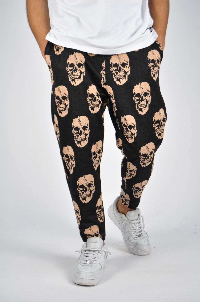 Beli Lastikli Skull Desenli Baggy Pantolon