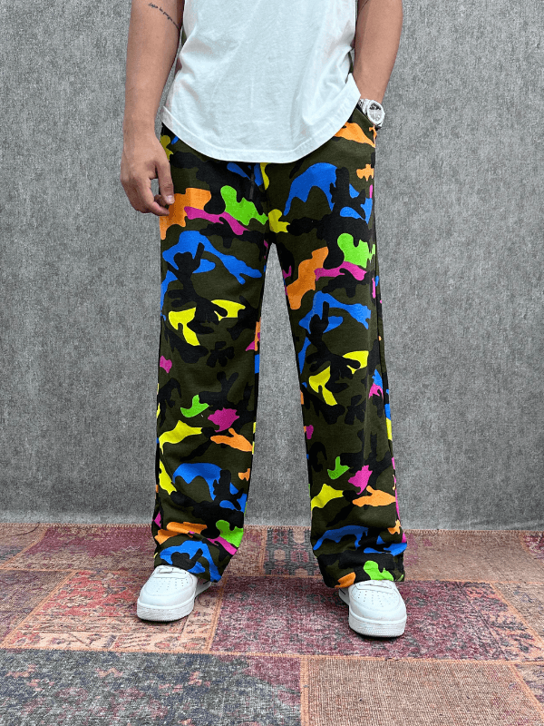 Beli Lastikli Boru Paça Desenli Baggy Pantolon 