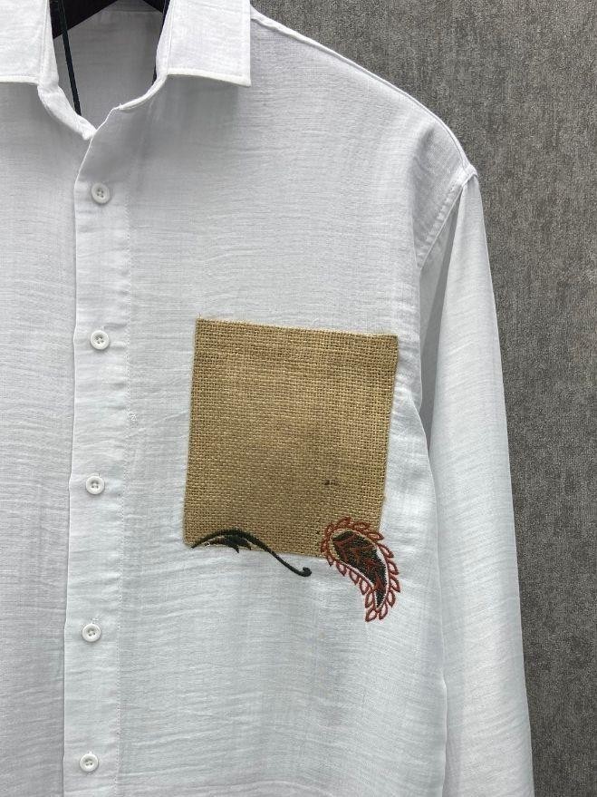 Oversize Nakış Detaylı Hasır Cepli Pamuk Keten Beyaz  Gömlek