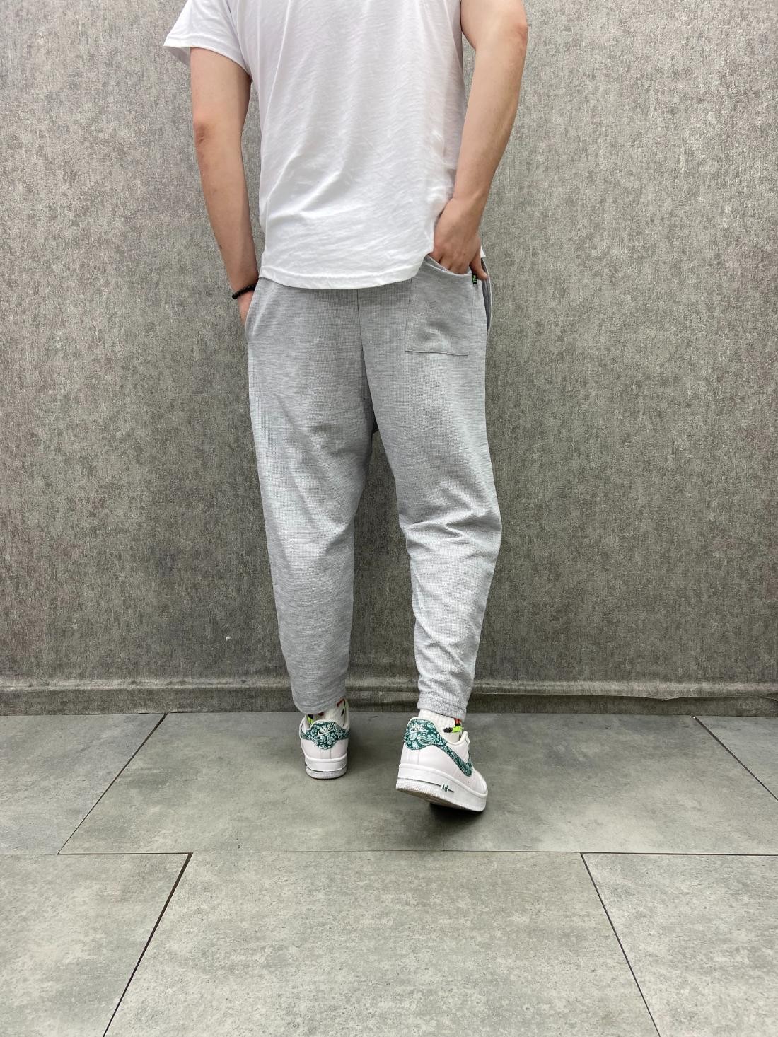 Beli Lastikli Pileli Waffle Örme Kumaş Bilek Paça Gri Baggy Pantolon