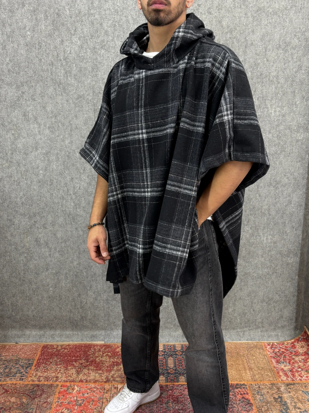 Oversize Kapüşonlu Desenli  Panço