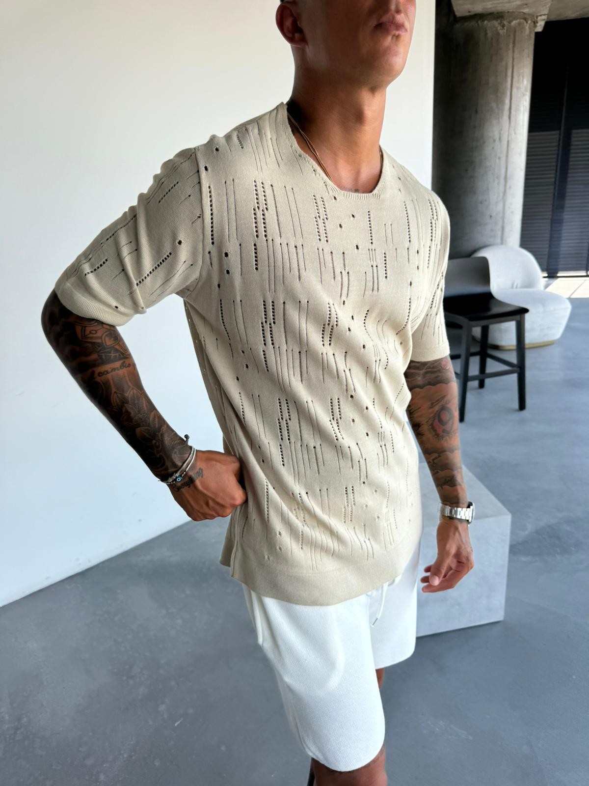 Oversize Delikli Bej Triko Tshirt