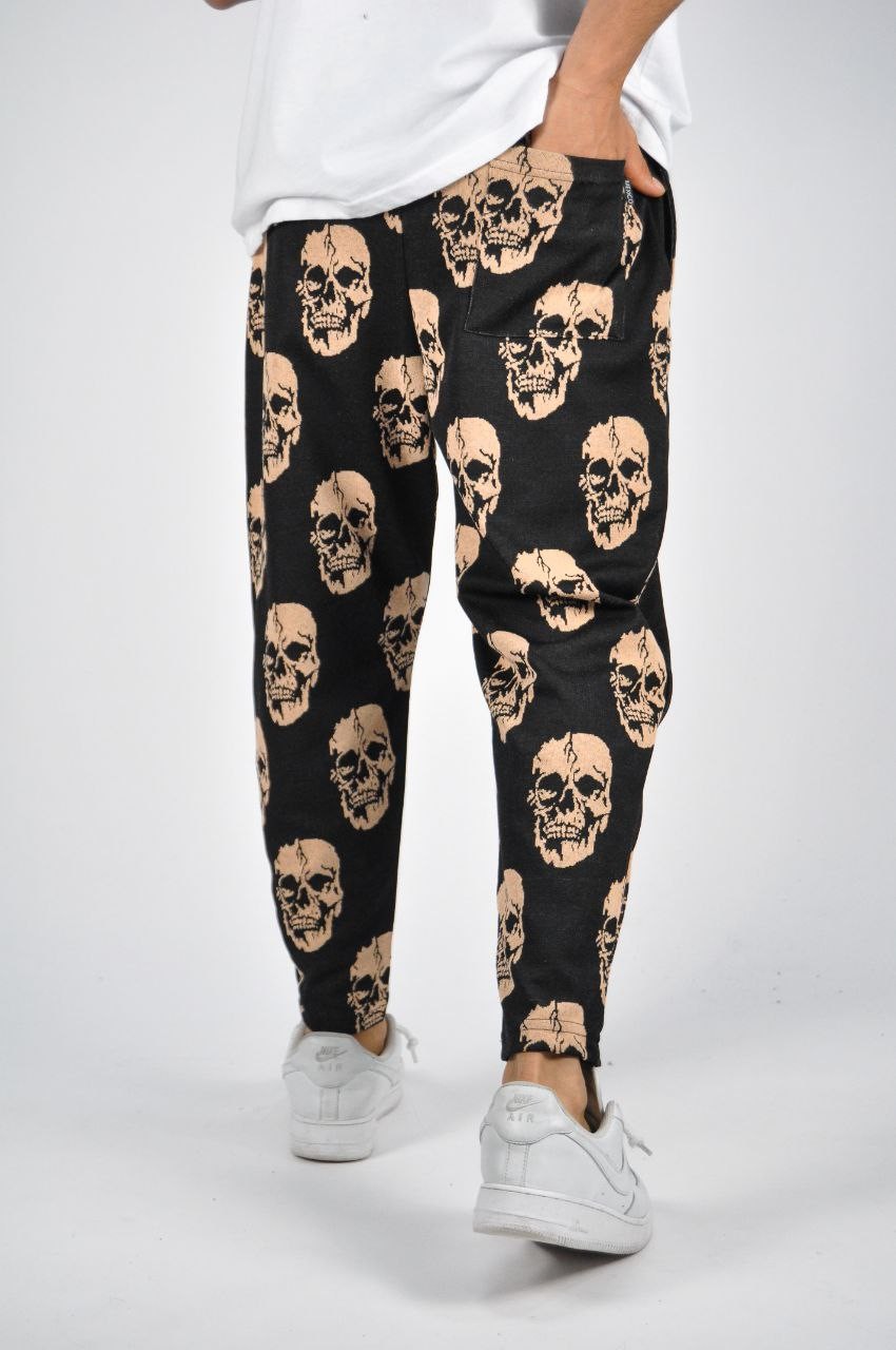 Beli Lastikli Skull Desenli Baggy Pantolon