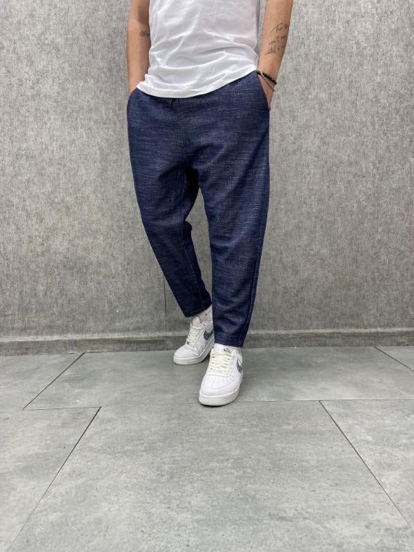 Beli Lastikli Pamuk Keten Baggy Lacivert Pantolon