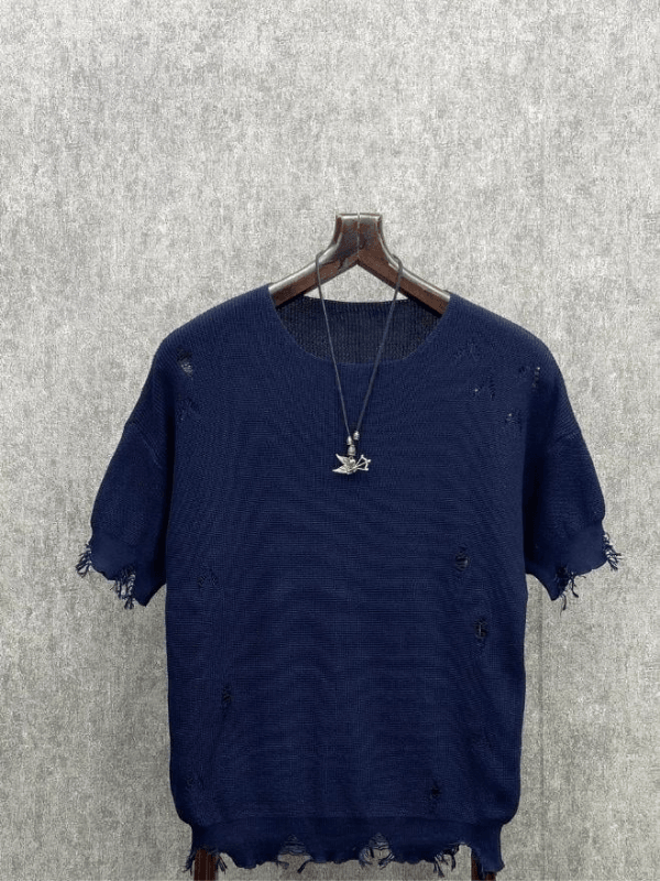 Oversize Lazer Yıpratmalı Lacivert Triko Tshirt