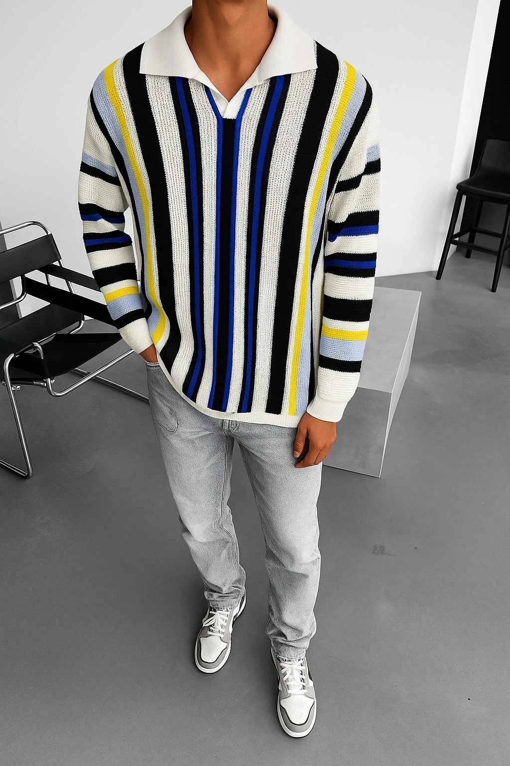 Oversize Long Çizgili Triko