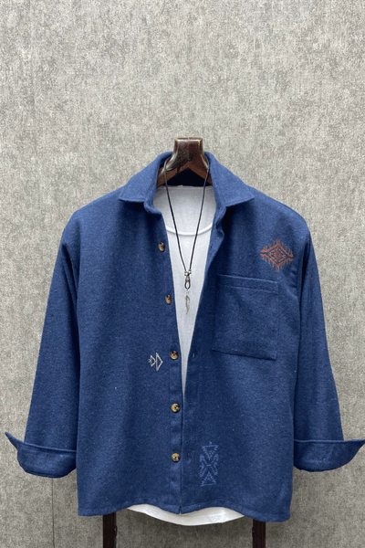 Oversize Nakış Detaylı Bohem Pamuk Kaşe İndigo Gömlek