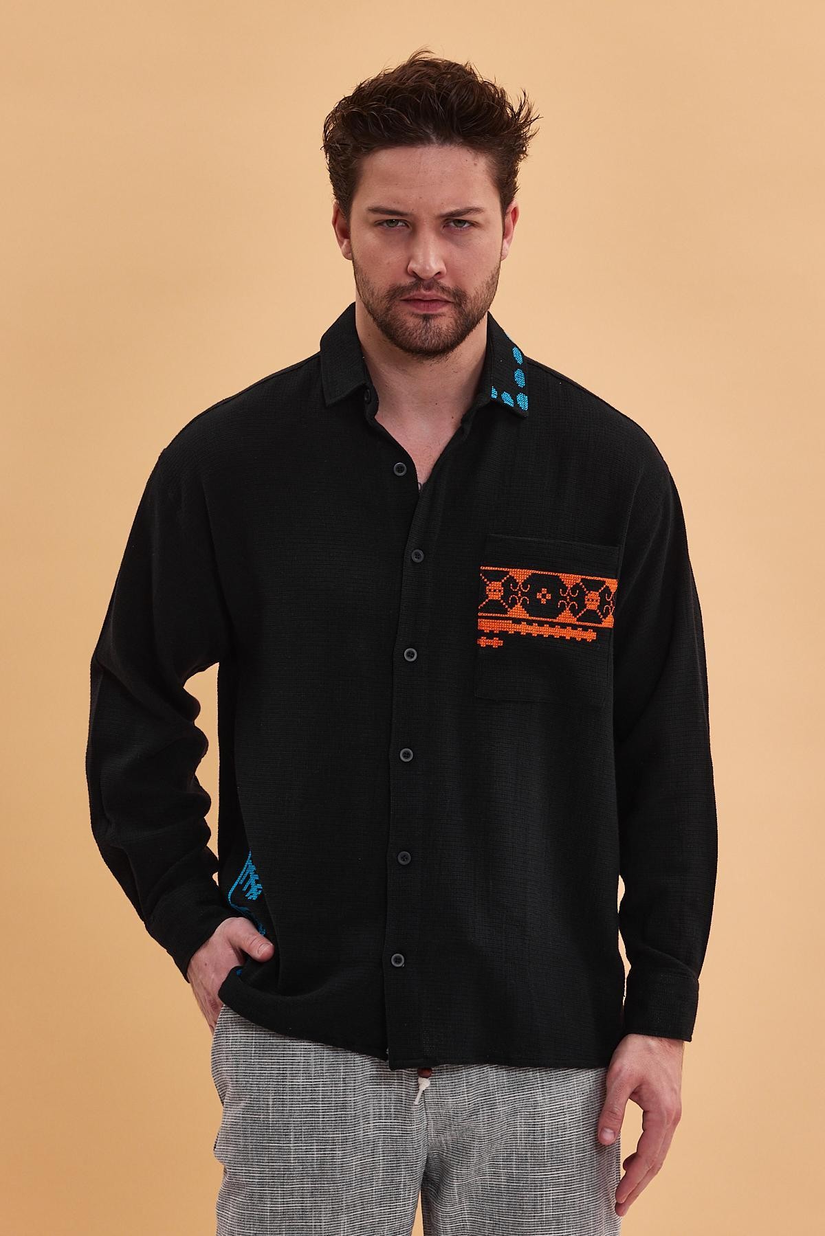 Oversize Authentic  Nakış Detaylı Bohem Pamuk Keten Siyah  Gömlek