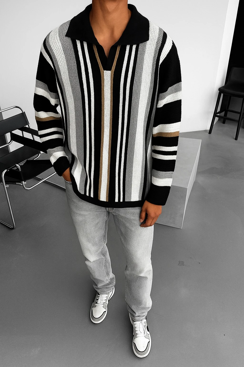 Oversize Long Çizgili Triko