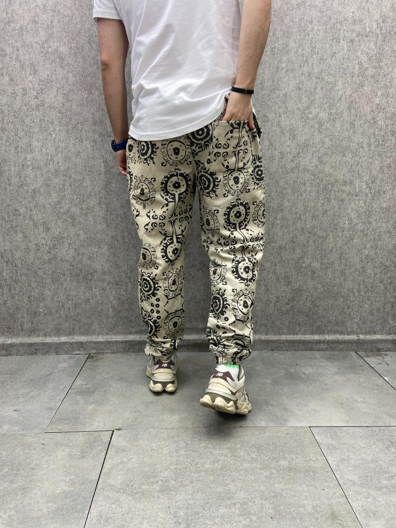 Beli Lastikli Aztek Desenli Pamuklu Kışlık Bej Pantolon