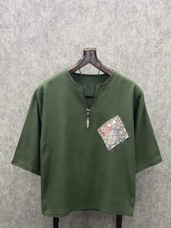 Oversize Bohem Fakir Kol Pis Uç Pachli  Haki  Pamuk Keten Tshirt