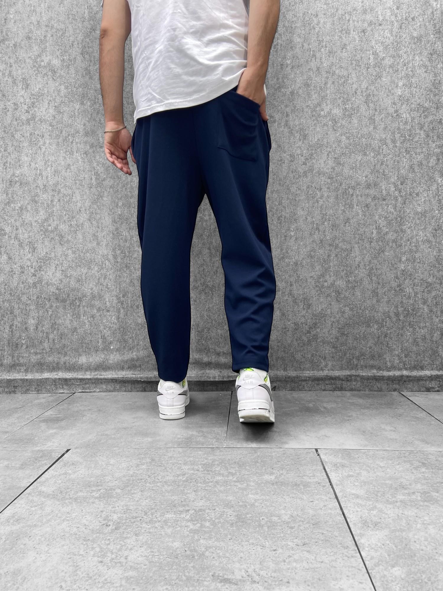 Beli Lastikli Düz Paça Lacivert  Baggy Pantolon
