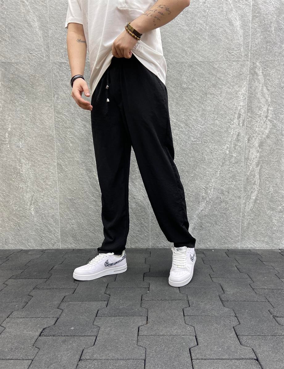 Rahat Kalıp Beli Lastikli Baggy Paraşüt Siyah Pantolon