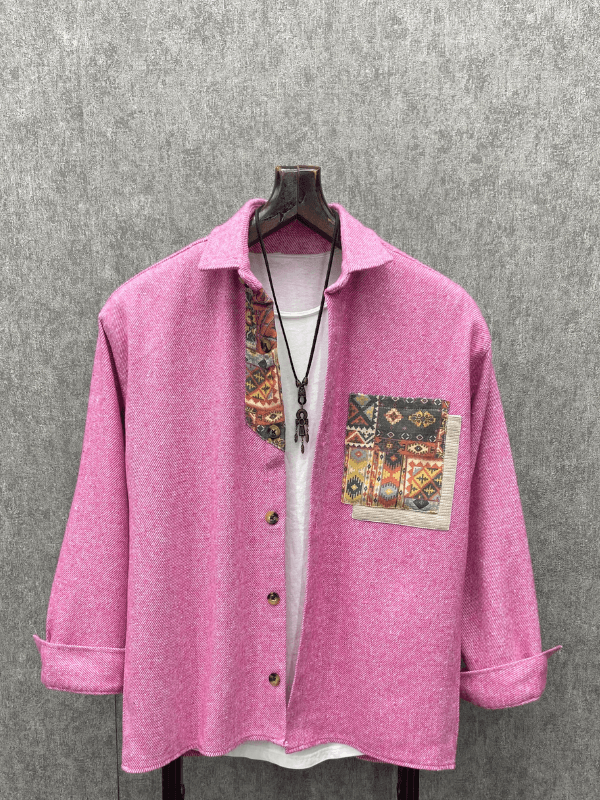 Oversize Bohem Pembe Pamuklu Kaşe Gömlek