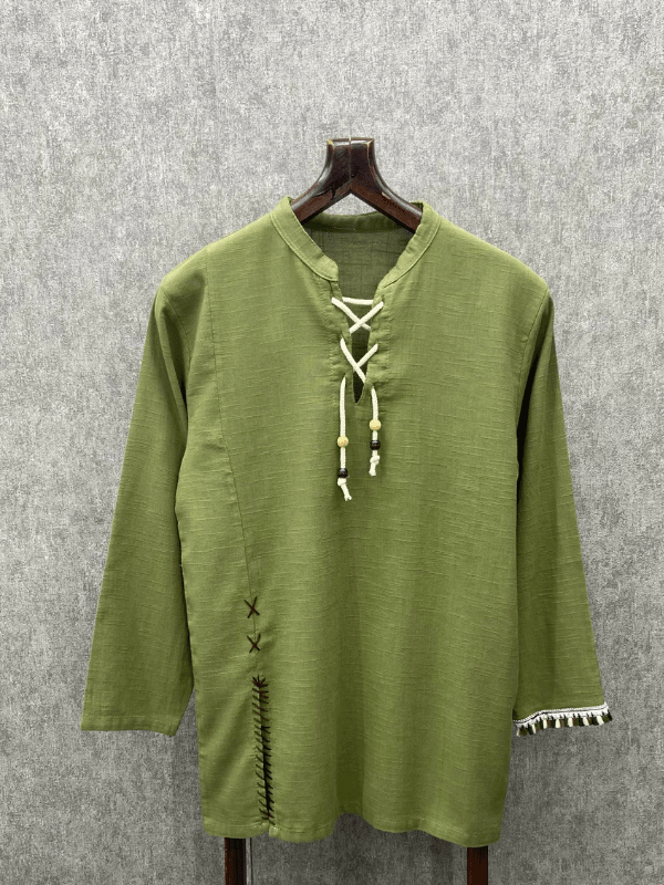 Oversize Long Boy Yıkamalı Pamuk Keten Haki Bohem Tshirt