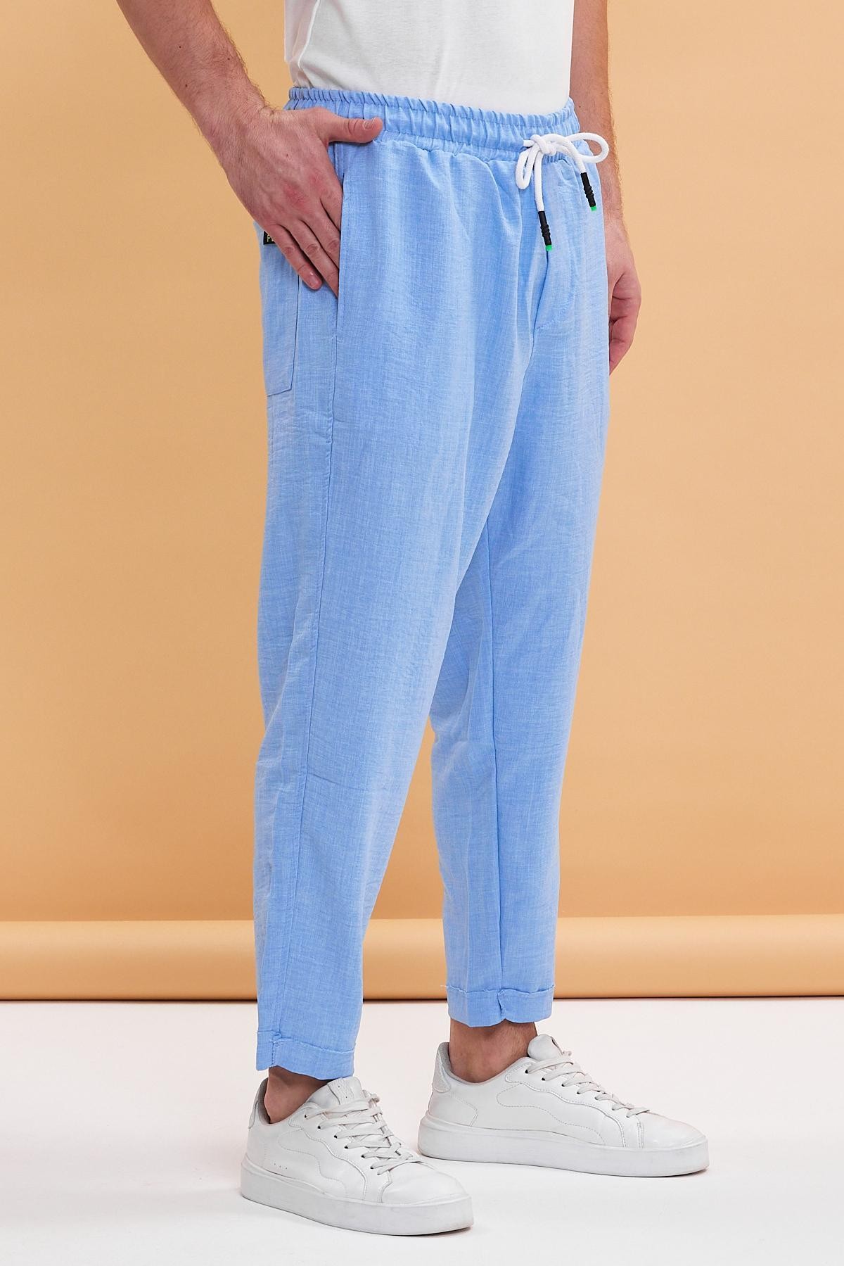 Beli Lastikli Viscon Keten Bilek Paça Pantolon