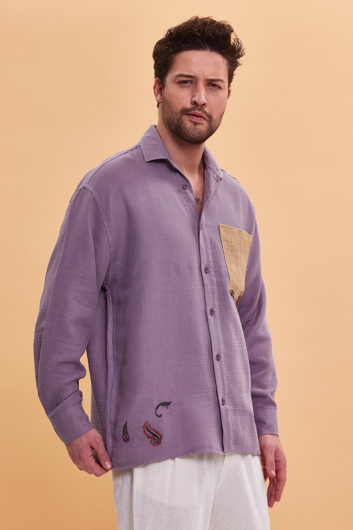 Oversize Nakış Detaylı Hasır Cepli Pamuk Keten Füme  Gömlek