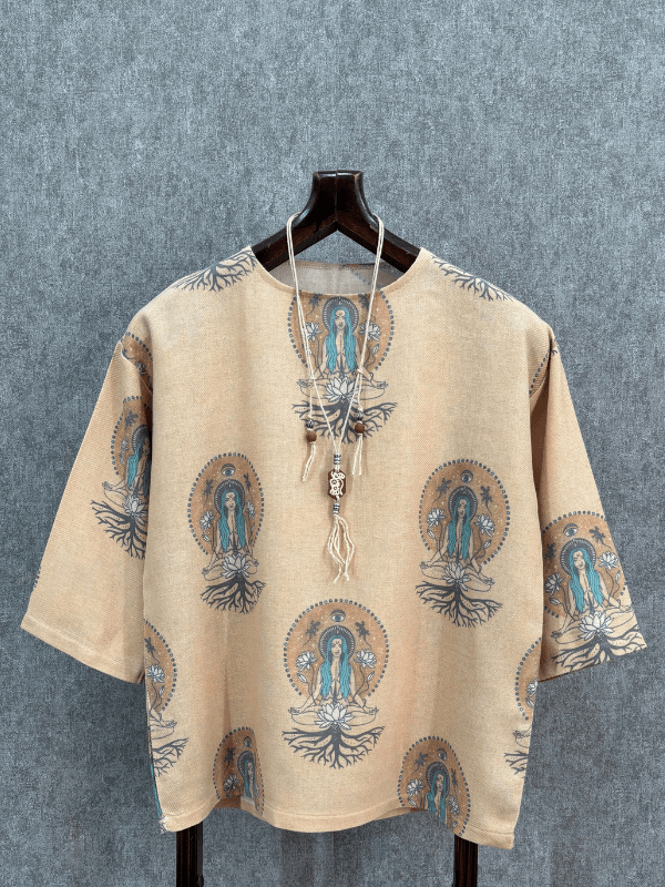 Oversize Fakir Kol Yıkamalı Bohem Pamuk Dokuma Tshirt