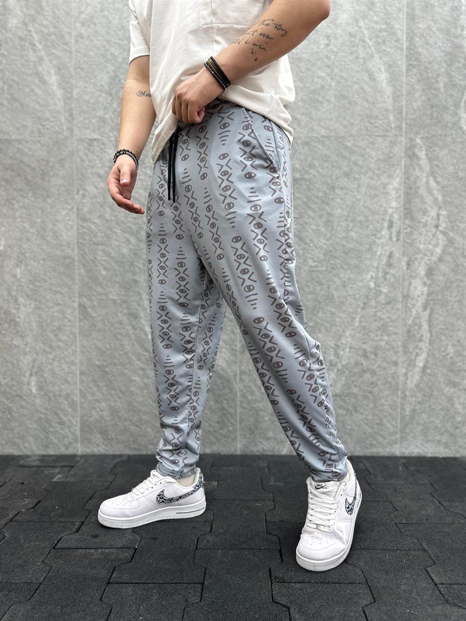 Beli Lastikli Aztek Desenli Baggy Pantolon
