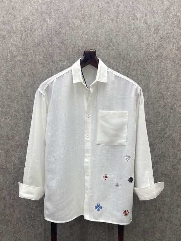 Oversize Nakış Detaylı Pamuk Keten Beyaz Gömlek
