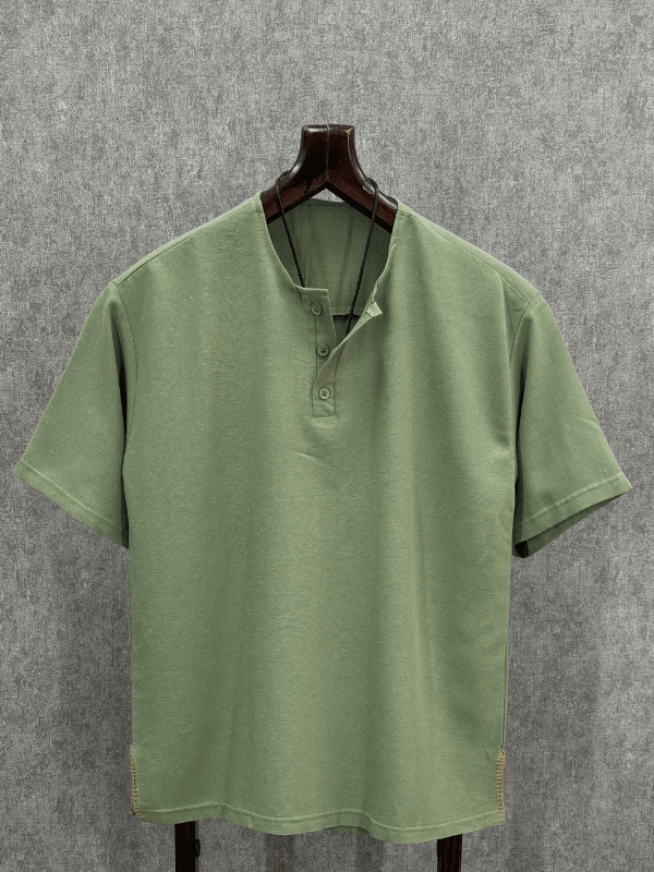 Oversize Nopeli Yırtmaç Detaylı Yarım Patlı Haki Pamuk Keten Tshirt