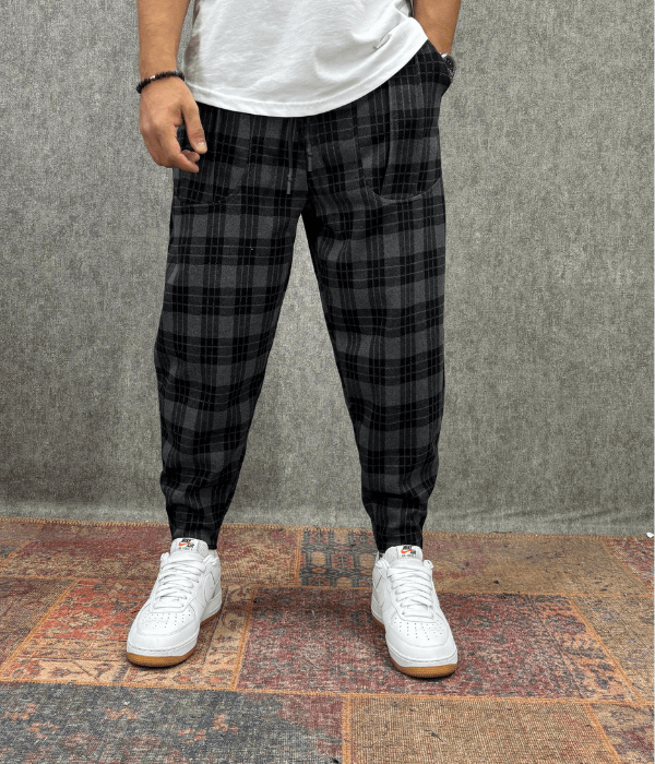 Beli Lastikli Kaşe Cep Nervür Detaylı Desenli Baggy Pantolon