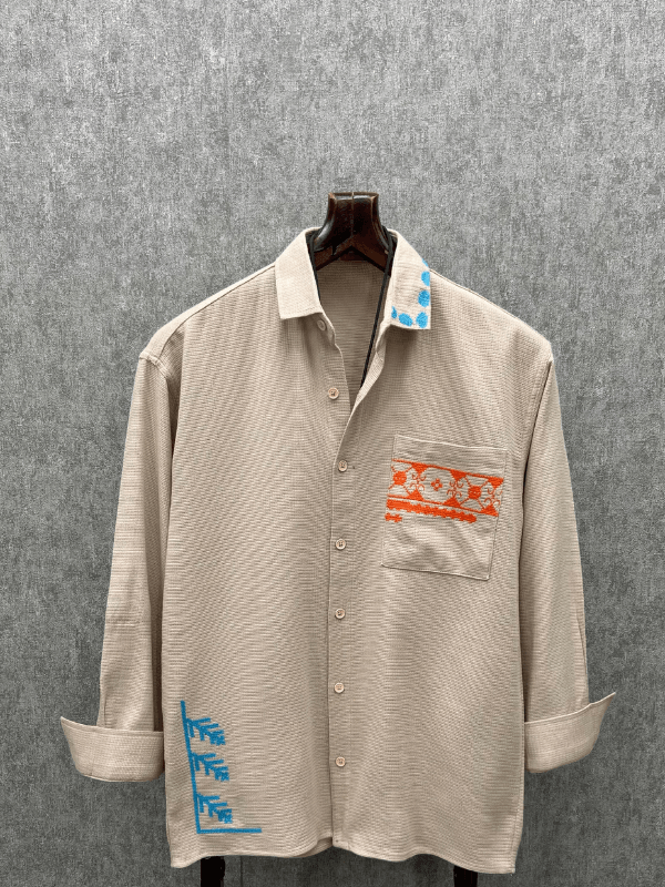 Oversize Authentic Nakış Detaylı Bohem Pamuk Keten Bej Gömlek
