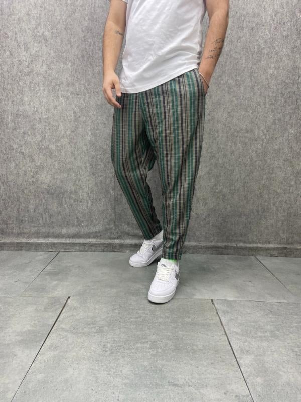 Beli Lastikli Düz Paça Çizgili  Baggy Pantolon