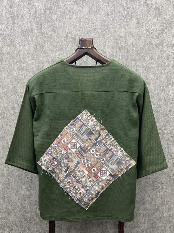 Oversize Bohem Fakir Kol Pis Uç Pachli  Haki  Pamuk Keten Tshirt