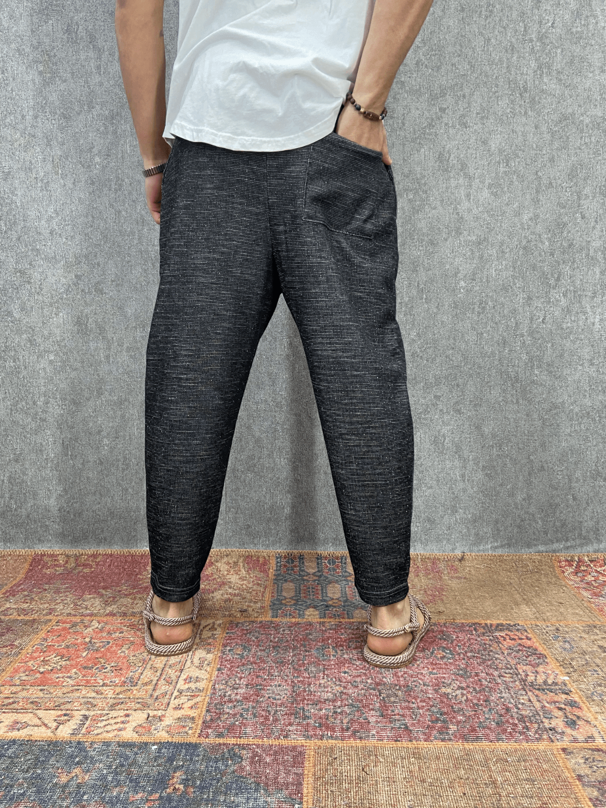 Beli Lastikli Pamuk Keten Siyah Baggy Pantolon