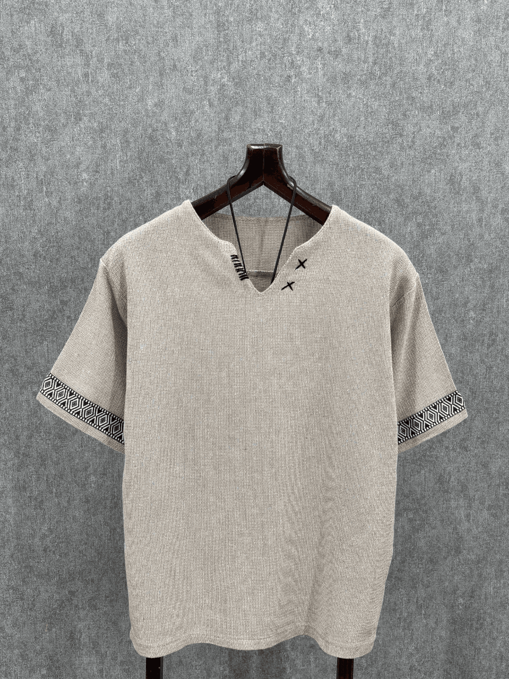 Oversize El İşi Detaylı Pamuk Keten Bej Tshirt