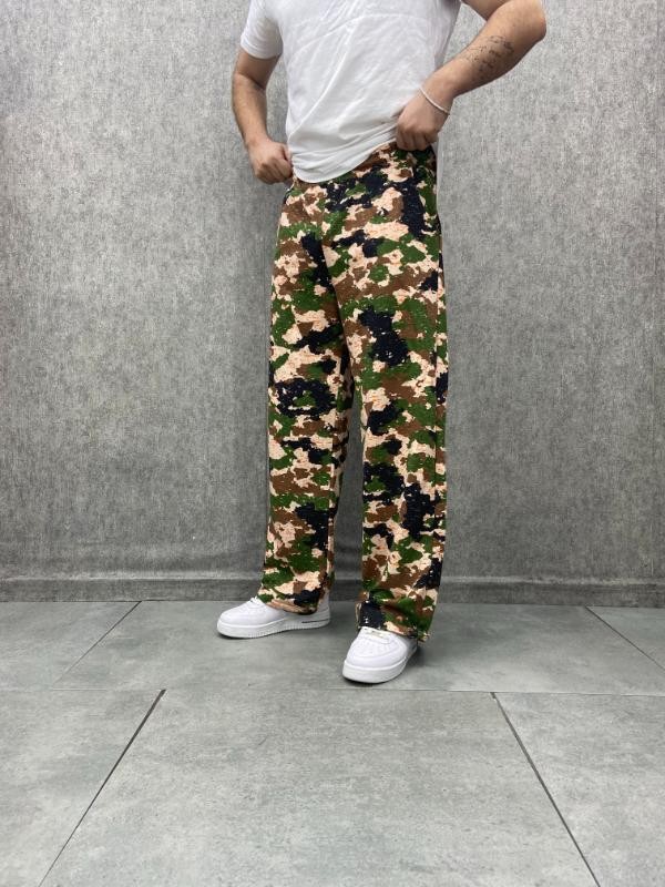 Beli Lastikli Stoperli Boru Paça Kamuflaj Desenli  Baggy Pantolon