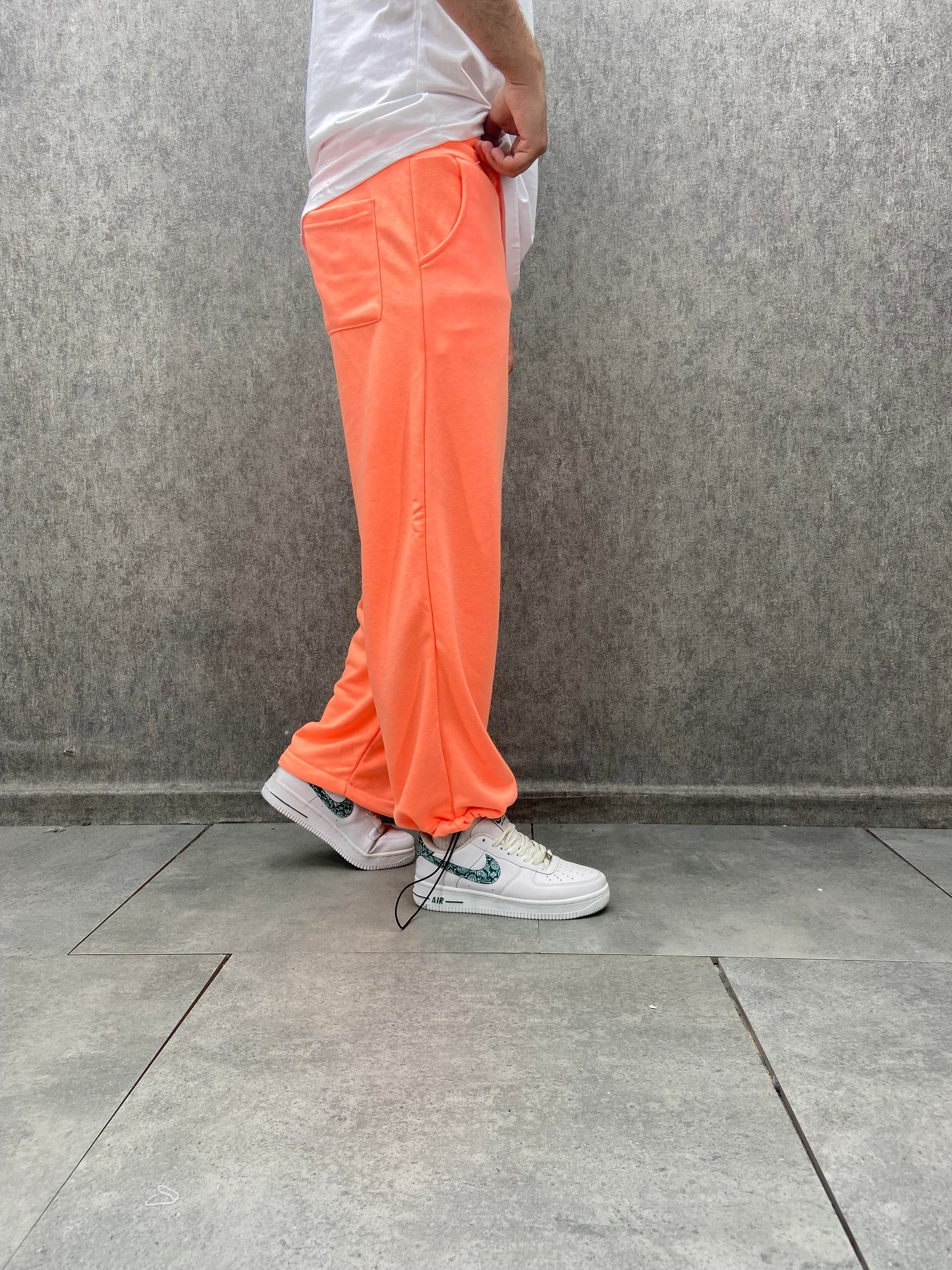 Beli Lastikli Paça Stoperli  Pamuklu Turuncu Baggy Pantolon