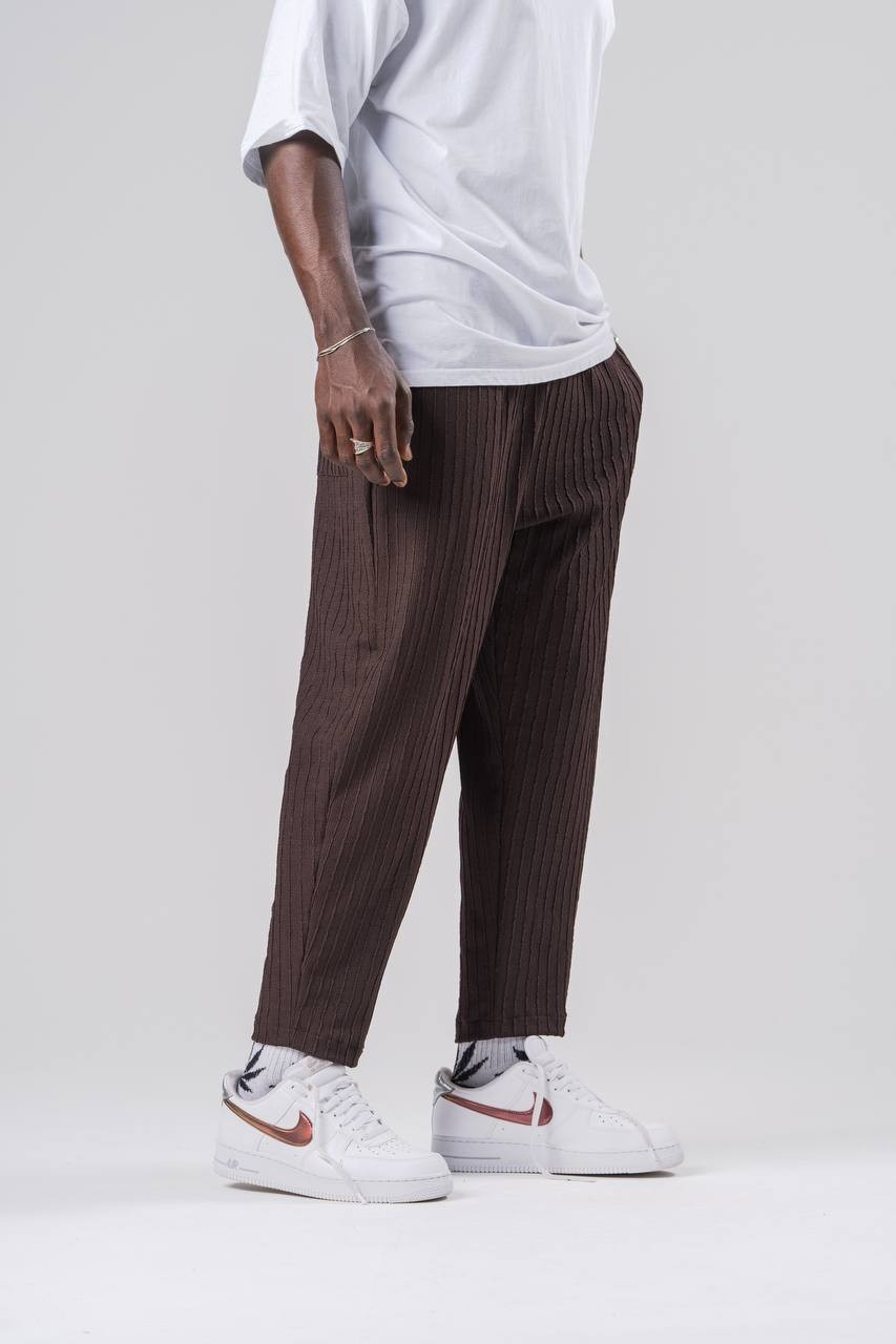 Beli Lastikli Dokulu Bürümcük Kumaş Kahverengi Baggy  Pantolon