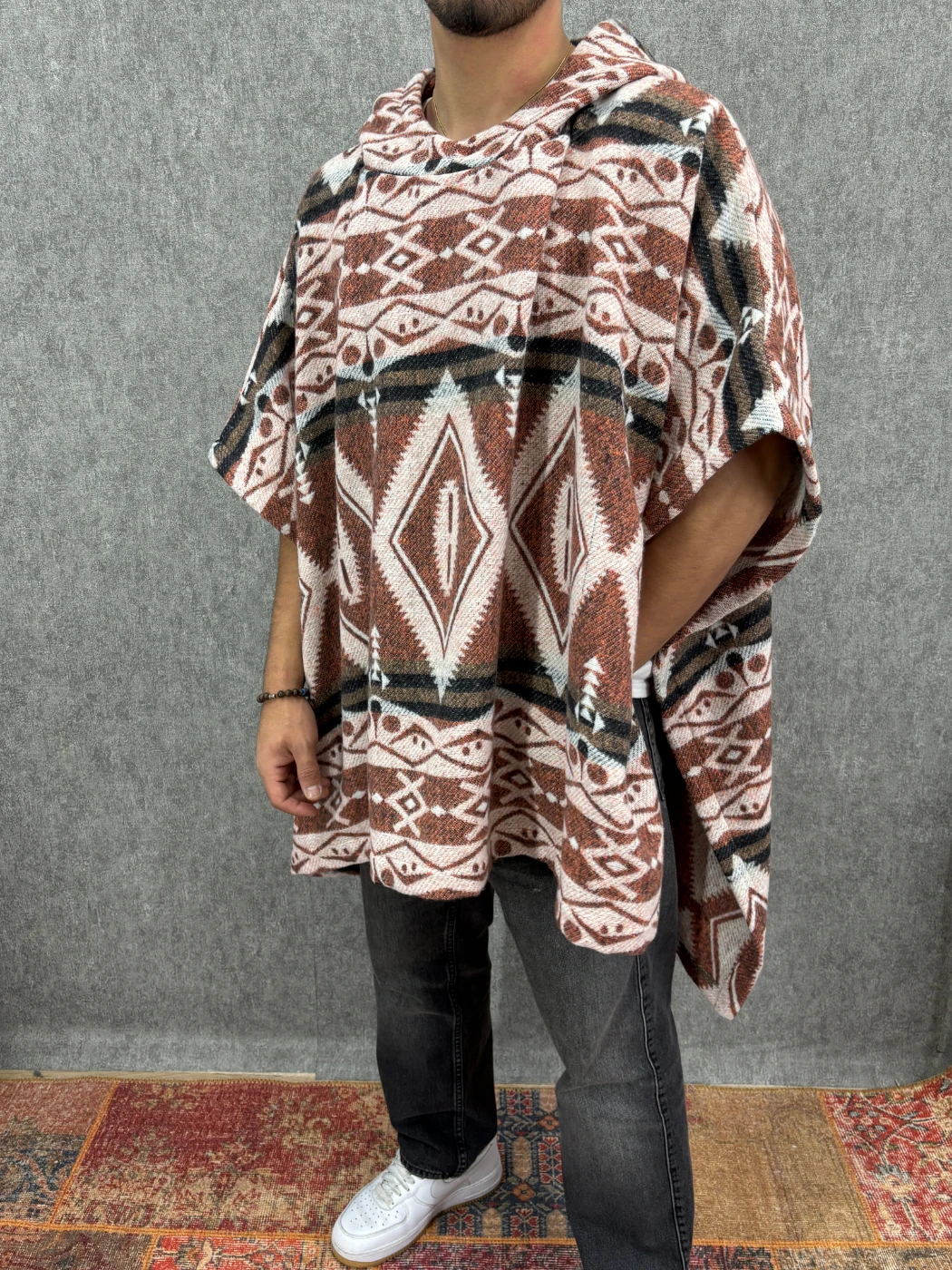 Oversize Kapüşonlu Desenli  Panço