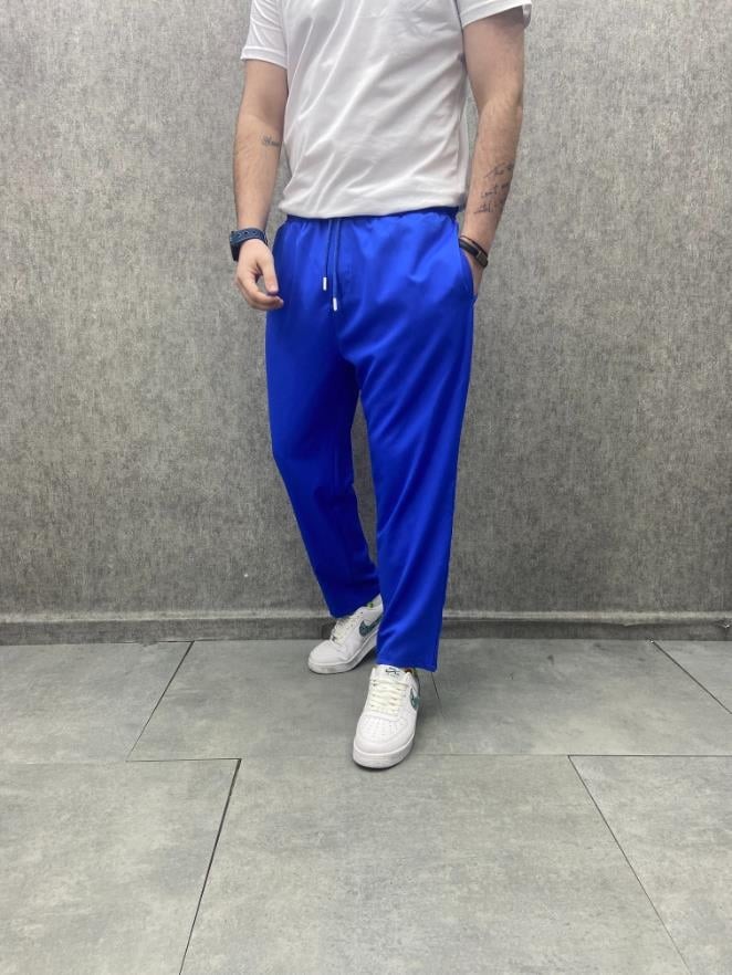 Rahat Kalıp  Beli Lastikli Bilek Paça Pamuk Viscon Mavi  Pantolon