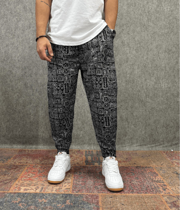 Beli Lastikli Kaşe Cep Nervür Detaylı Desenli Baggy Pantolon