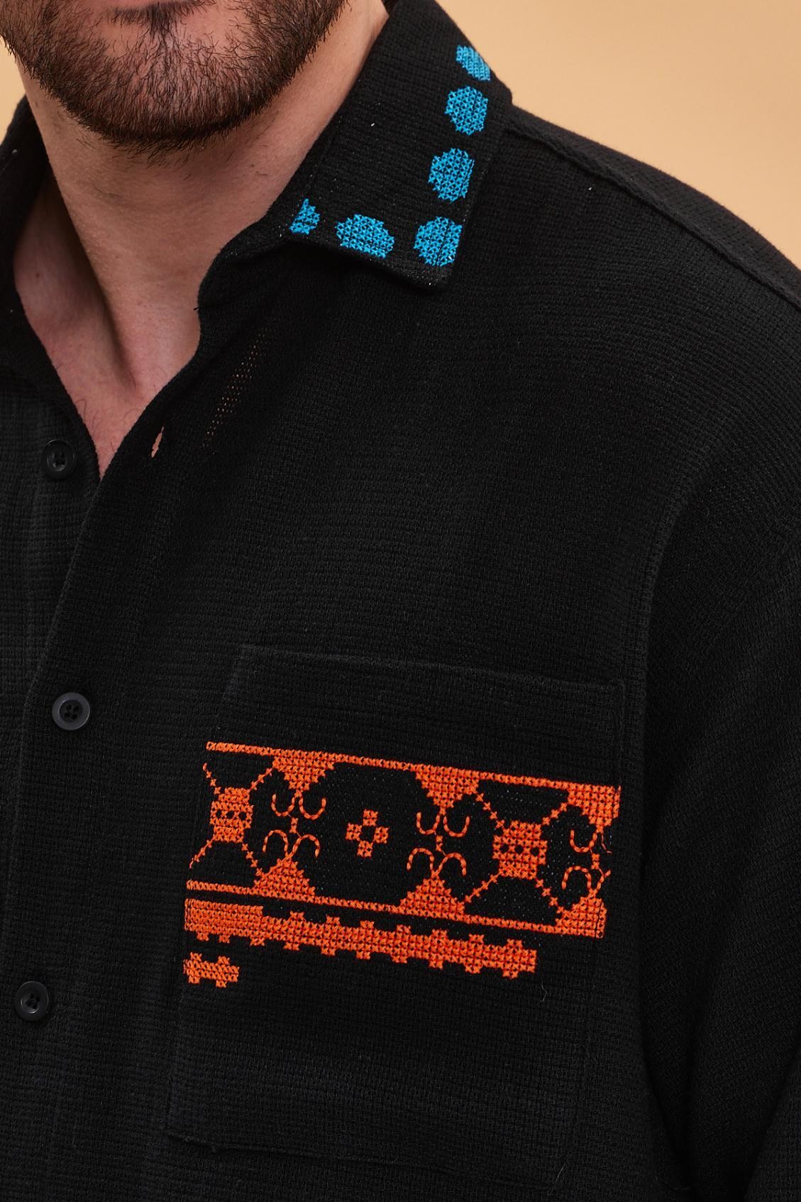 Oversize Authentic  Nakış Detaylı Bohem Pamuk Keten Siyah  Gömlek