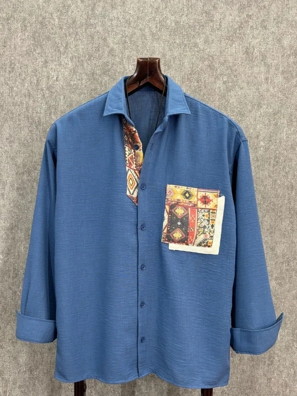 Oversize Soho Bohem Pamuk Dokuma İndigo Gömlek