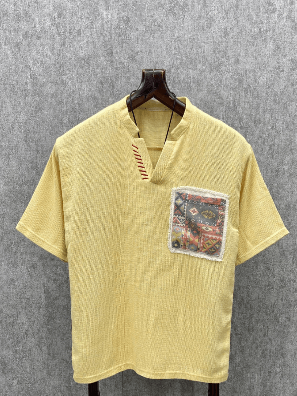 Oversize Bohem El İşi Detaylı Yıkamalı Sarı Pamuk Keten Tshirt
