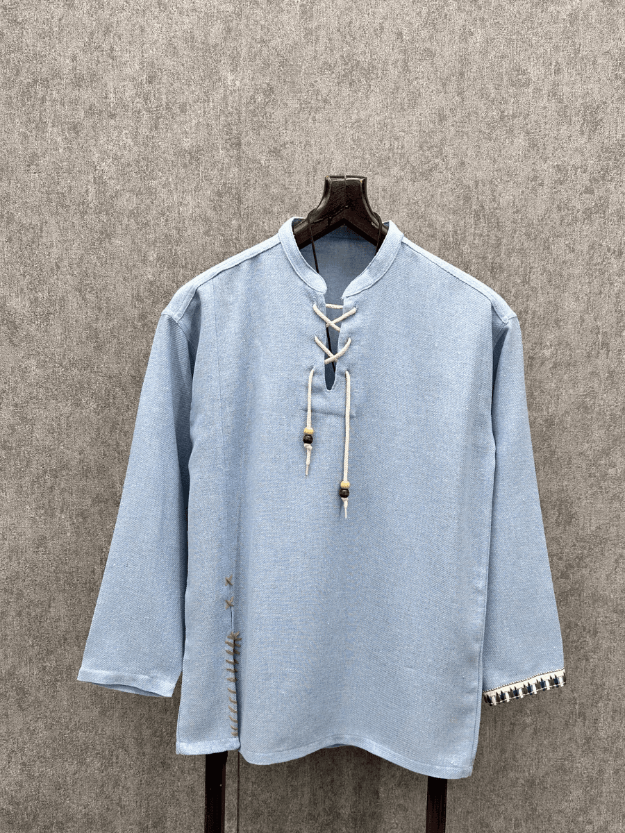 Oversize Long Boy Yıkamalı Pamuk Dokuma Mavi Bohem Sweatshirt
