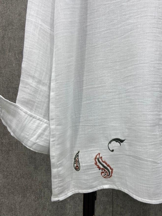 Oversize Nakış Detaylı Hasır Cepli Pamuk Keten Beyaz  Gömlek