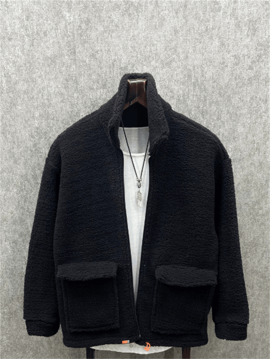 Oversize Fermuarlı Siyah Peluş Sweatshirt