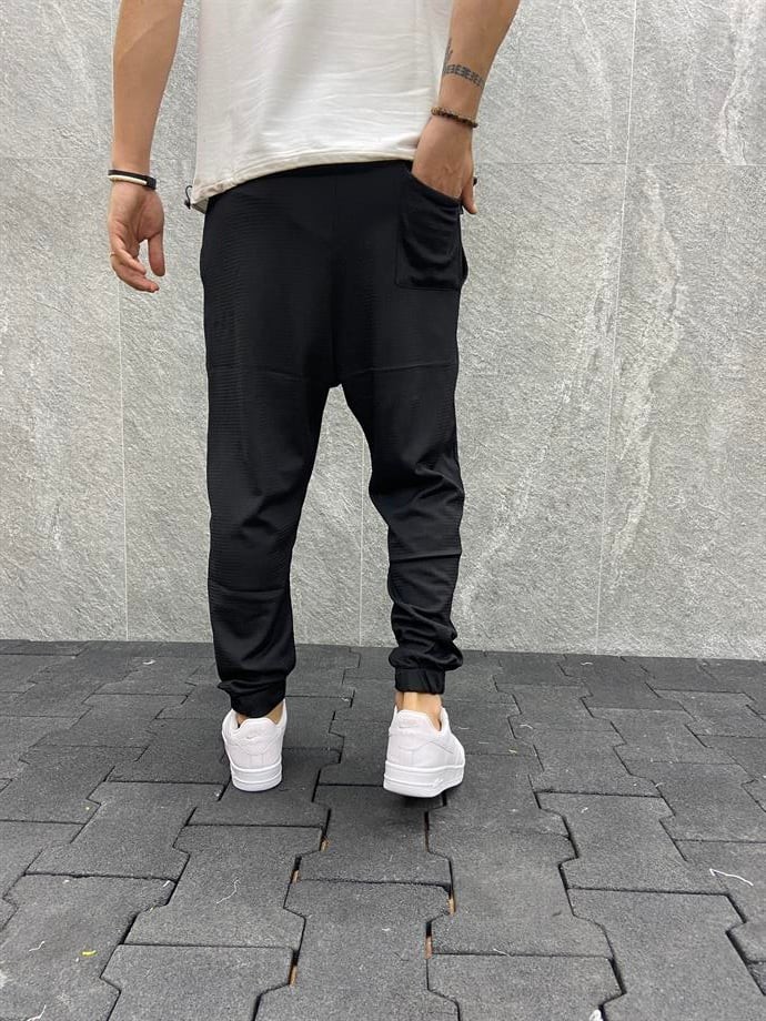 Bürümcük Kumaş Beli Lastikli  Siyah Jogger