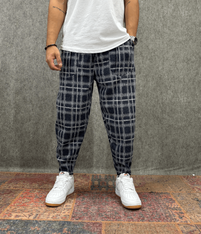Beli Lastikli Kaşe Cep Nervür Detaylı Ekoseli Baggy Pantolon