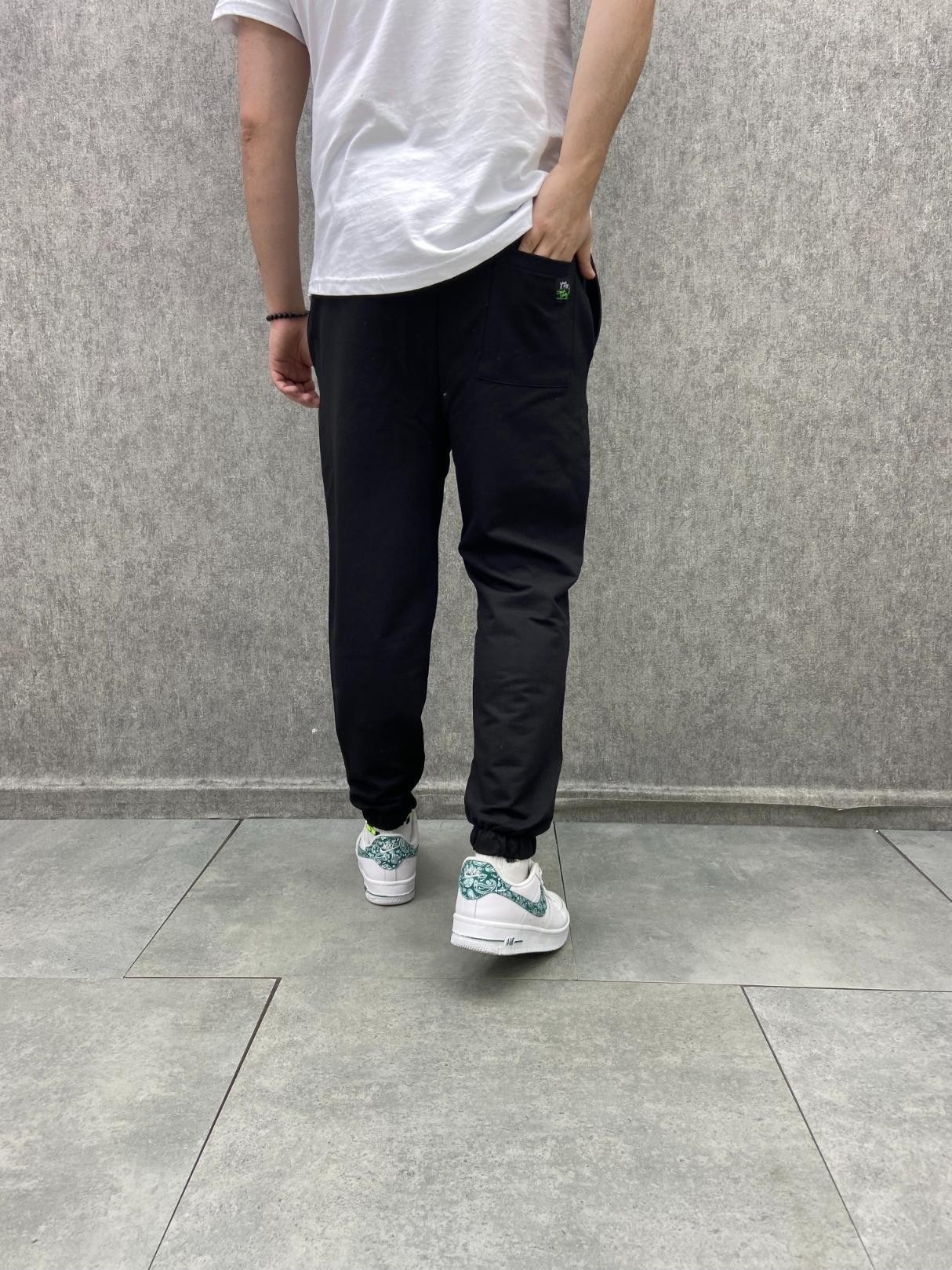 Bel ve Paça Lastikli Planet Baskılı Pamuk Örme Siyah Jogger