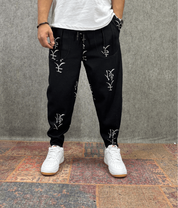 Beli Lastikli Kaşe Cep Nervür Detaylı Desenli Baggy Pantolon
