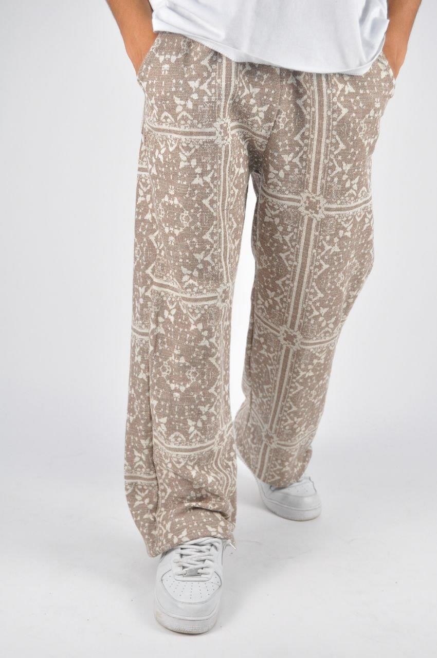 Beli Lastikli Paça Stoperli Aztek Desenli Pamuklu Baggy Pantolon