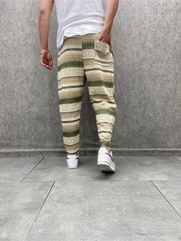 Beli Lastikli Aztek Desenli Bohem Baggy Pantolon