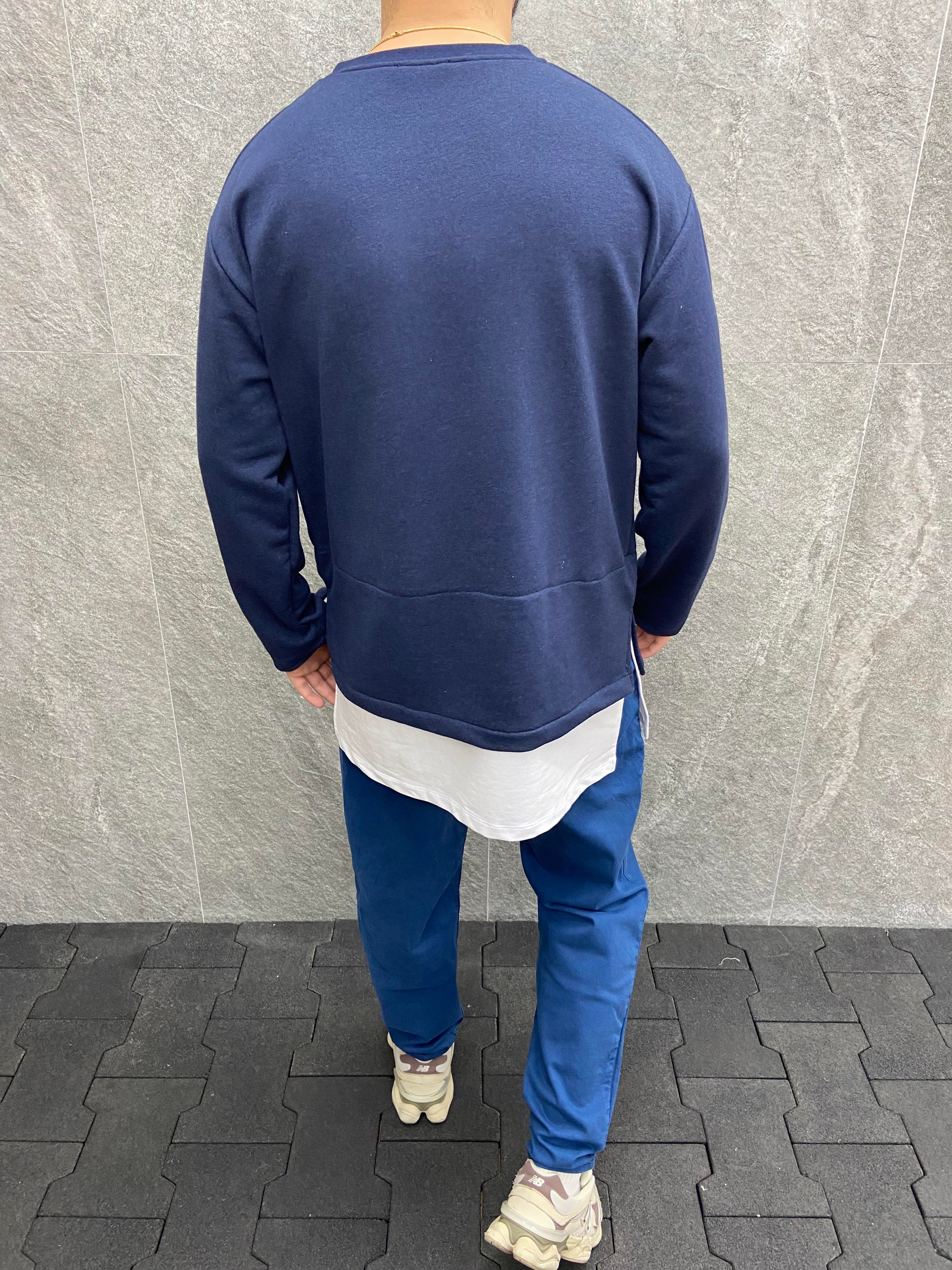 Oversize Beyaz Garnili Pamuklu Lacivert Sweatshirt